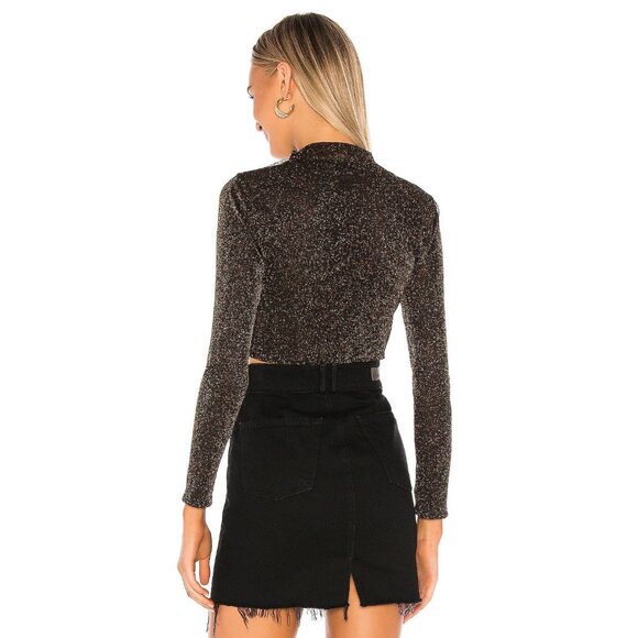 NWT LOVERS + FRIENDS Riya Black Gold Metallic Mesh Long Sleeve Crop Top, Size XS - Picture 3 of 11